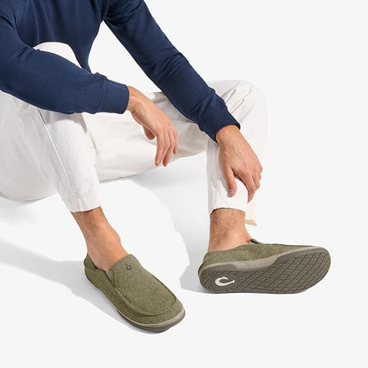 OLUKAI Moloa Hulu Men's Wool-Blend Slippers, Soft & Heathered Knit Slip On Shoes, Suede Leather Foxing, Drop-In Heel Design