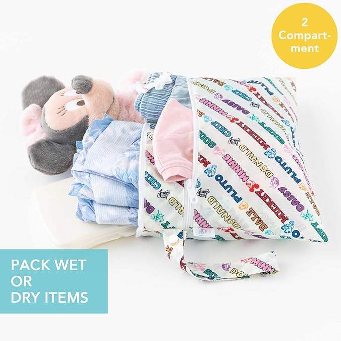 Bumkins - Waterproof Wet Bag & Wet/Dry Clutch Bags - For Beach, Baby, Travel, Swim Suit, Cloth Diapers, Pump Parts, Pool, Gym, Toiletries - Reusable & Easy to Clean - Mickey and Friends White - 2 Pack