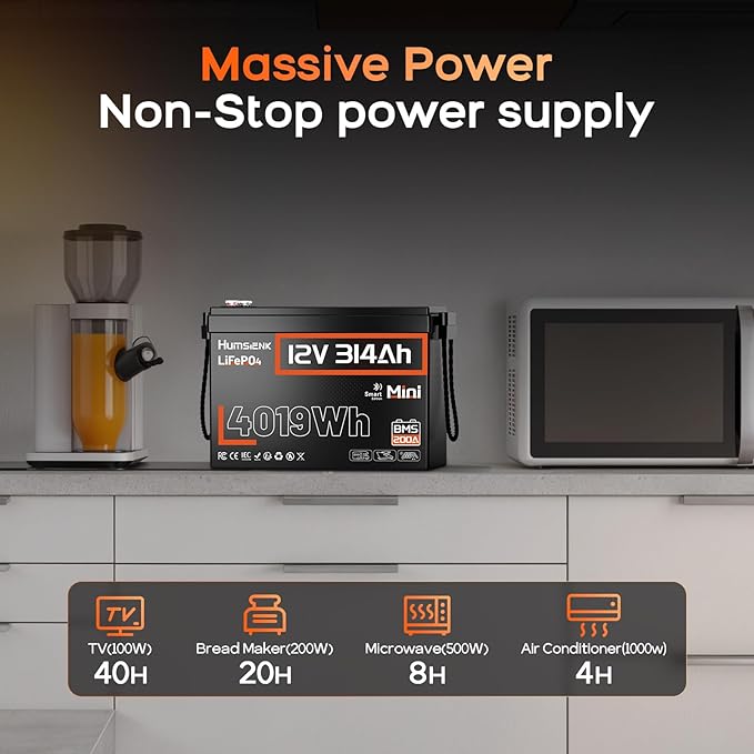 48V 314Ah (4 Pack 12V 314Ah) LiFePO4 Lithium Battery Max. 4019Wh Energy, 15000+ Deep Cycles,200A BMS with Bluetooth, Lithium Iron Phosphate Rechargeable Battery Great for RV, Marine and Off Grid