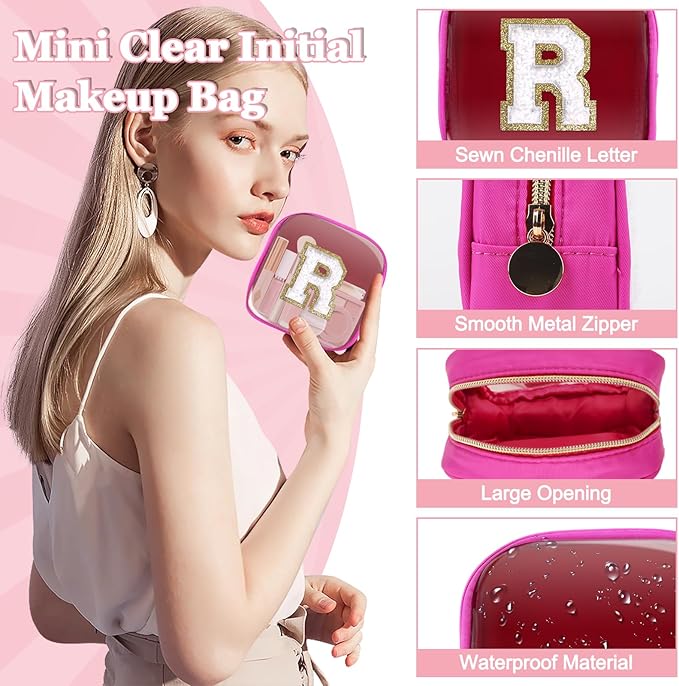 Mini Clear Personalized Initial Makeup Bag,Nylon Preppy A-Z Chenille Letter Patch Zipper Cosmetic Bag, Small Cute Beach Pouch Travel Purse Sanitary Napkin Storage Bag for Women Girls(Hot Pink-White R)