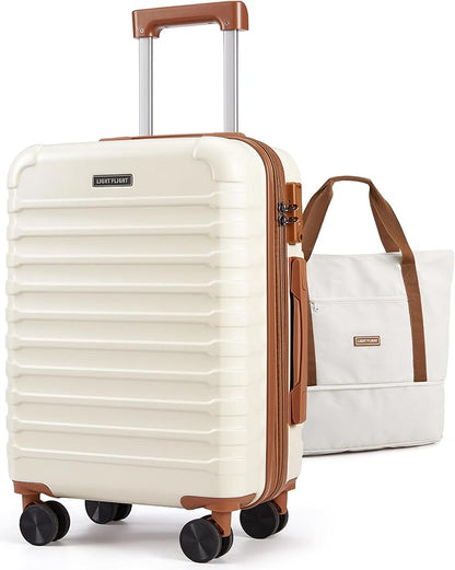LIGHT FLIGHT Luggage Sets, Carry On Luggage 22x14x9 Airline Approved, Carry On Travel Bag Suitcases with Wheels, Expandable Hardside Lightweight Rolling with TSA Lock 2-Piece Set (DB/20),Beige