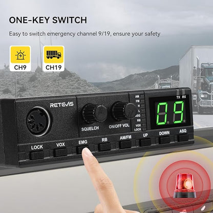 Retevis MB2 40-Channel AM/FM CB Radio Kit, Long Range Radio with Antenna for Trucker Stop, Emergency Channel 9/19, VOX, Easy to Use, with Cigarette Lighter Fixed-Mount