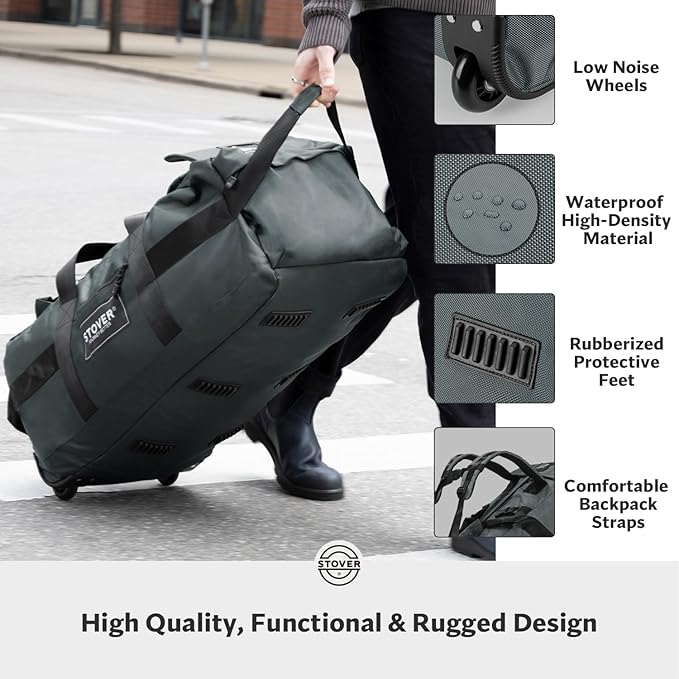 STOVER 80L Rolling Duffel Bag with Wheels, Large Durable Travel Duffle + Toiletry Bag, Heavy Duty, Packable, Foldable with Shoulder Straps- Use as Luggage or Backpack, Men/Women (Grey)