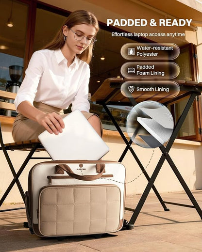 Rolling Puffer Laptop Bag, Rolling Briefcase for Women, Wheeled 16 Inch Computer Bag, Water Resistant Stylish Overnight Underseat Carry On Luggage with Wheels for Work Travel Business, Khaki