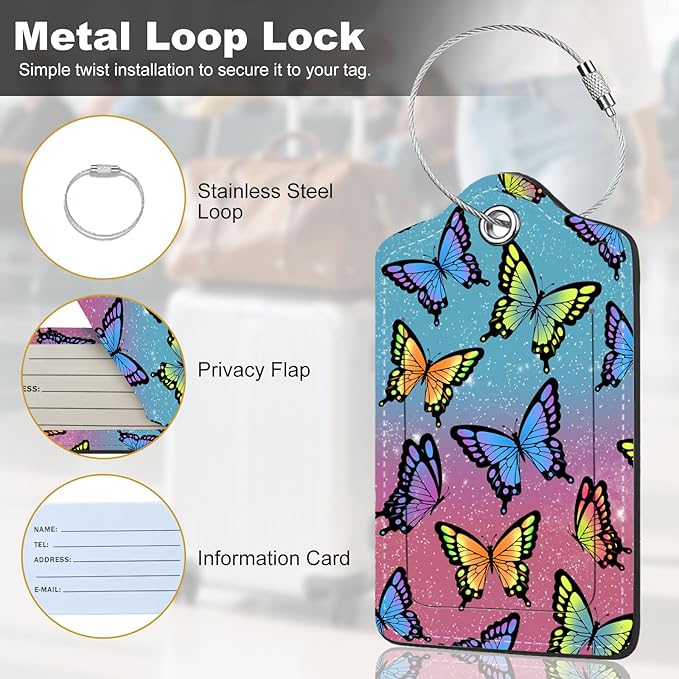 2Pack Luggage Tags for Suitcases, Cute Unique Pu Leather Cruise Luggage Tag with Privacy Cover ID Label Address Card and Metal Ring Suitable for Women Men Kids Travel Bag Colorful Butterflies