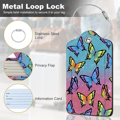 2Pack Luggage Tags for Suitcases, Cute Unique Pu Leather Cruise Luggage Tag with Privacy Cover ID Label Address Card and Metal Ring Suitable for Women Men Kids Travel Bag Colorful Butterflies