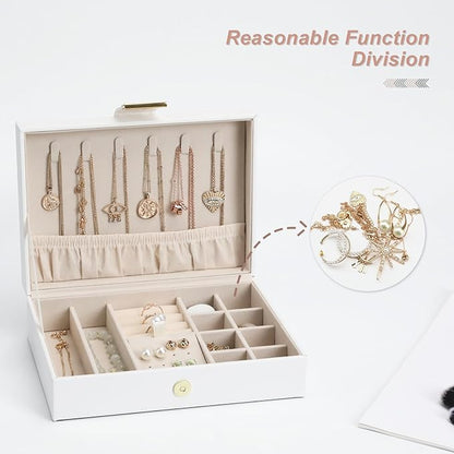 Portable Jewelry Organizer Box with Leather Strap Single Layer Storage for Earrings, Necklaces, Rings Travel Jewelry Case for Women White