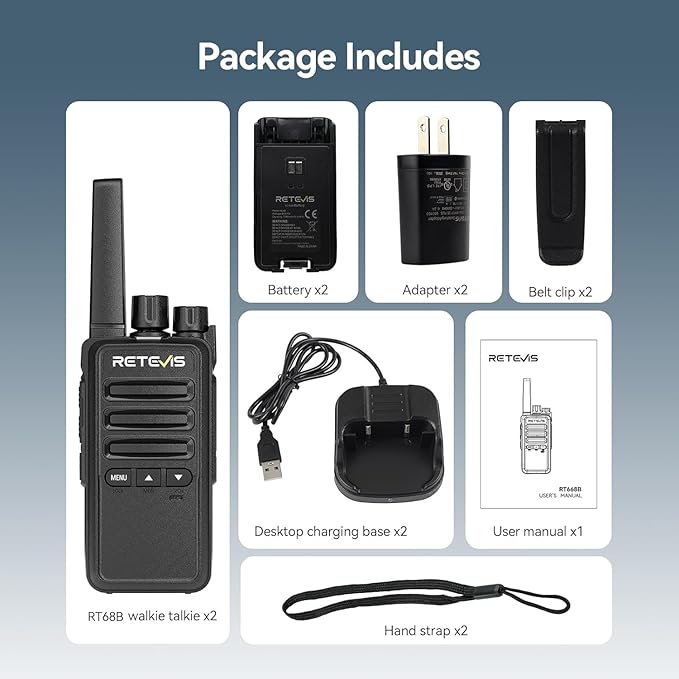 Retevis RT68B 2 Way Radio, Long Range Walkie Talkies for Adults, License Free, Heavy Duty, USB-C Charging, Two Way Radio for Hunting Camping Road Trip(2 Pack)