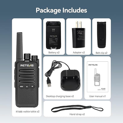Retevis RT68B 2 Way Radio, Long Range Walkie Talkies for Adults, License Free, Heavy Duty, USB-C Charging, Two Way Radio for Hunting Camping Road Trip(2 Pack)