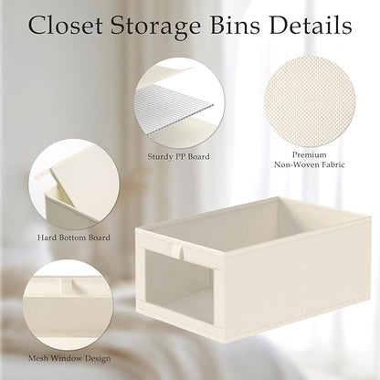 Criusia Closet Organizers and Storage, 4 Pack Linen Closet Baskets with Mesh Window for Organization, Foldable Closet Organizer for Clothing, Towels, Toys, Nursery, Books, Shelves, Beige