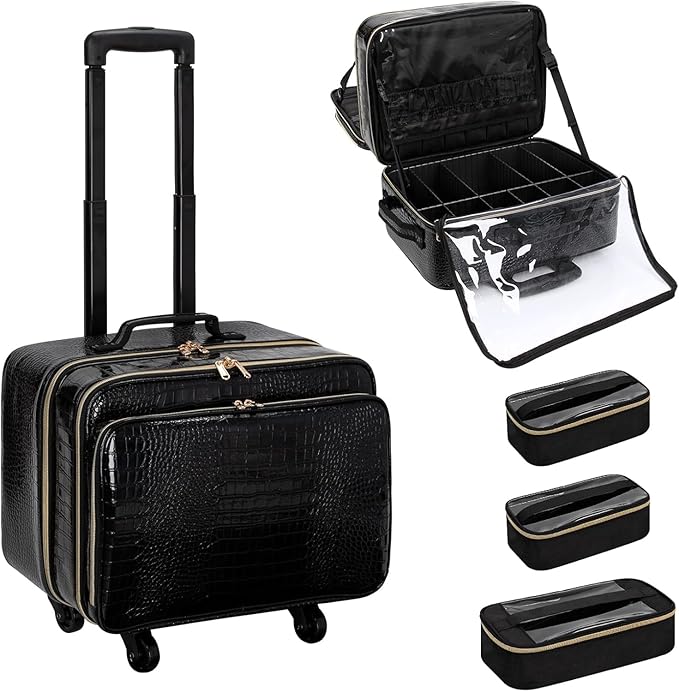 OCHEAL Rolling Makeup Train Case, 18" Carry On Travel Cosmetic Organizer Suitcase,Extra Large Trolley Makeup Storage Case On Wheels,3 Layers with 3pcs Traveling Bags for Hairstylist Cosmetology Artist
