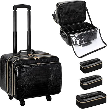 OCHEAL Rolling Makeup Train Case, 18" Carry On Travel Cosmetic Organizer Suitcase,Extra Large Trolley Makeup Storage Case On Wheels,3 Layers with 3pcs Traveling Bags for Hairstylist Cosmetology Artist