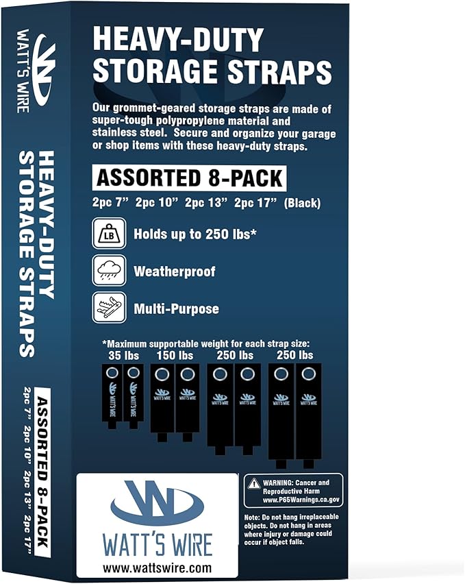 Heavy Duty Storage Straps - 8 Pack: 2 Small, 2 Medium, 2 Large, 2 XL - Extension Cord Ties - Storage Strap - by Watt's Wire