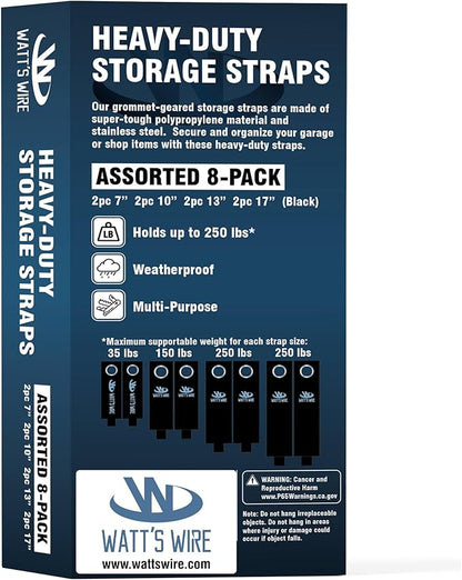 Heavy Duty Storage Straps - 8 Pack: 2 Small, 2 Medium, 2 Large, 2 XL - Extension Cord Ties - Storage Strap - by Watt's Wire