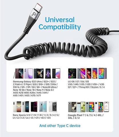 USB C to C 100W 3ft, 2Pack Coiled USB C Charger Cable for Car, Short Type C USBC Fast Charging Cable for iPhone 17/16/15/Pro/Plus/Pro Max/Samsung Galaxy S23, Compatible All Type C Devices