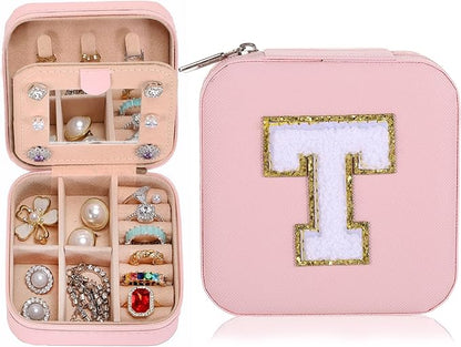 Small Jewelry Box Travel Jewelry Case Jewelry Holder Organizer,Travel Essentials Box Jewelry Organizer,Personalized Birthday Gifts for Teen Girls Women Initial T, pink