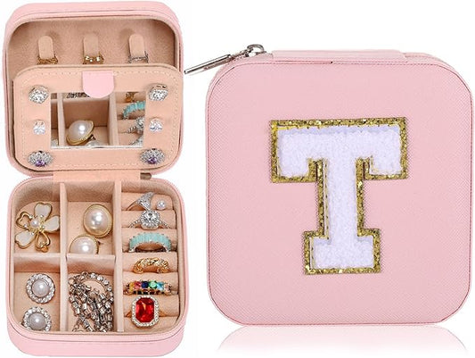 Small Jewelry Box Travel Jewelry Case Jewelry Holder Organizer,Travel Essentials Box Jewelry Organizer,Personalized Birthday Gifts for Teen Girls Women Initial T, pink