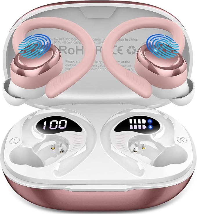 Wireless Earbuds Sport, New Bluetooth 5.4 Headphones with Earhooks, 50H Stereo Deep Bass Over Ear Buds with 4 ENC Noise Canceling Mics, IP7 Waterproof Earphones for Running Workout Gym -Rose