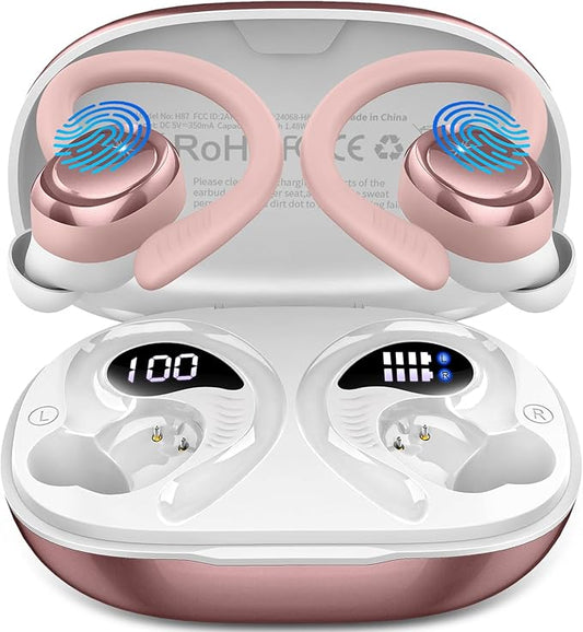 Wireless Earbuds Sport, New Bluetooth 5.4 Headphones with Earhooks, 50H Stereo Deep Bass Over Ear Buds with 4 ENC Noise Canceling Mics, IP7 Waterproof Earphones for Running Workout Gym -Rose