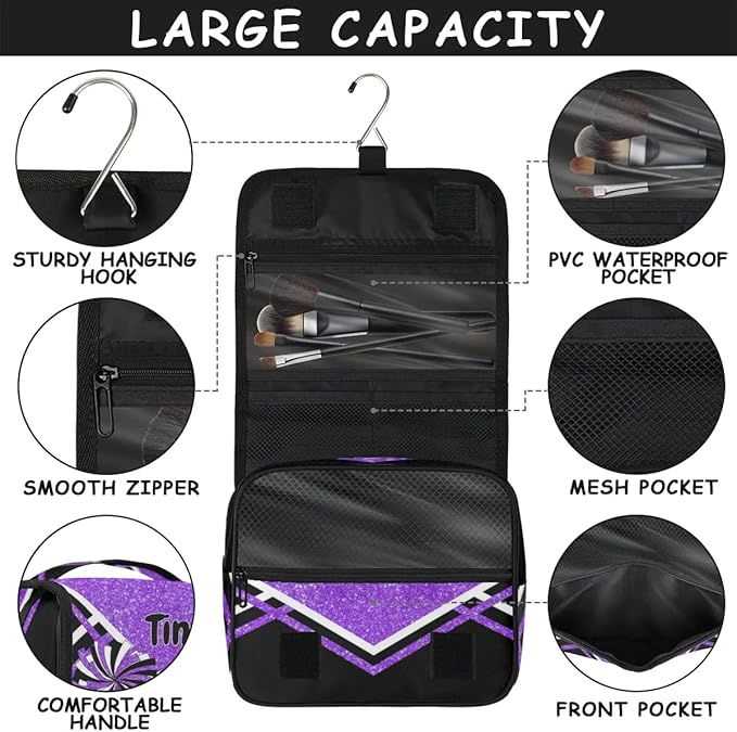 Personalized Hanging Toiletry Bag for Women, Cheerleading Large Capacity Travel Custom Name For Mothers Day, Birthday, Anniversary, Wedding, Purple Black Glitters