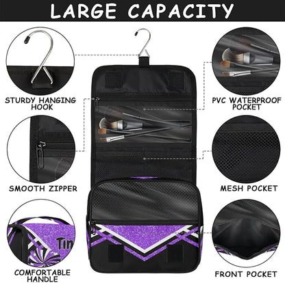 Personalized Hanging Toiletry Bag for Women, Cheerleading Large Capacity Travel Custom Name For Mothers Day, Birthday, Anniversary, Wedding, Purple Black Glitters