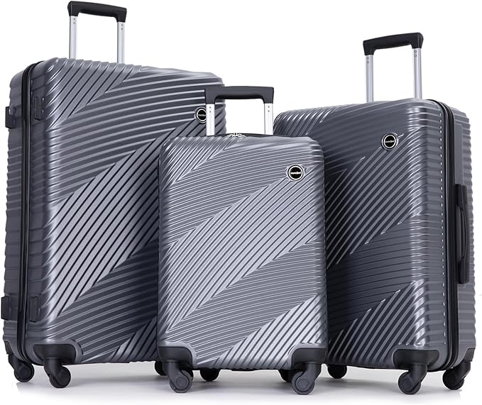 Luggage Sets Wear-Resistance Hardside Lightweight Suitcase Double Spinner Wheels, TSA Lock,Two Hooks, Scratch-resistant Carry-on,3 Piece Set(20inch 24inch 28inch) (Gray)