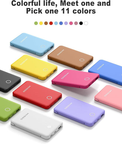miisso 6000mah Ultra Slim Built in Cables Power Bank, Card Size Built in USB C Cords Battery Pack Portable Charger for Phones, 3 Output External Battery Pack Compatible with iPhone, Yellow