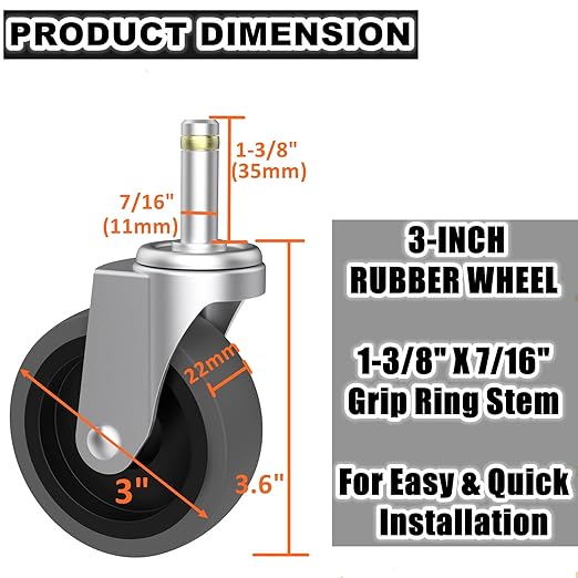Replcament Casters for Brute Trash Bin Dolly Set of 5, 3-Inch Trash Can Dolly Replacement Wheels - 375LBs per Set