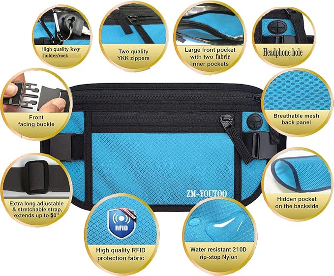 Money Belt for Travel - Hidden Travel Pouch Protect Your Credit and Money With RFID Blocking Passport Holder Waist Wallet (Blue)