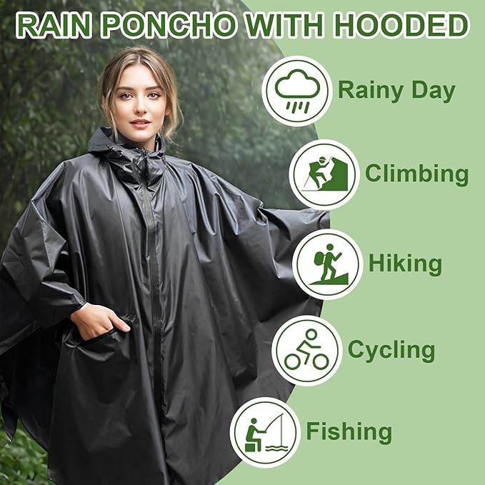 Hooded Rain Ponchos for Adult - Rain Coat and Rain Jacket with Waterproof Pocket and Zipper