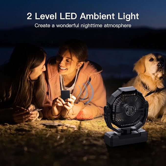 FRIZCOL 3-in-1 Camping Fan - Portable Fans Rechargeable - 24000mAh Battery Powered Fan(105Hrs) with Light & Remote for Indoor, Outdoor, Tent, Travel, Fishing, Jobsite, Gifts for Men Dad Him - Black