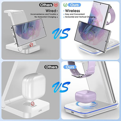 Wireless Charging Station for Samsung/Android, Fast Wireless Watch Charger Station Compatible for Samsung Galaxy S25 Ultra/S24/S23+/Z Flip 7/6 Fold 7/6, Watch8/7/Pro/Active 2 Galaxy Buds3/2 Pro(White)