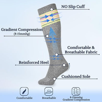 LIN PERFORMANCE Compression Socks for Women and Men 3 Pairs 8-15 mmHg Cotton Knee High Support Socks for Travel Sport