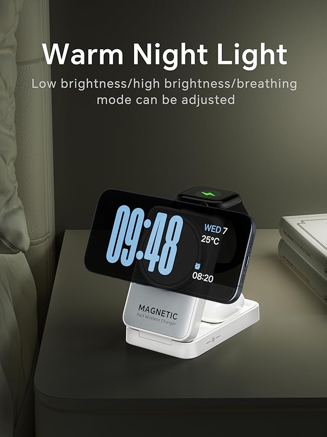 2025 Upgraded 3-in-1 Wireless Charger for iPhone,Travel Magnetic Charger Stand Nightlight Foldable Wireless Charging Station Compatible with Magsafe Charger&iPhone 17/16/15/14/13,Apple Watch&AirPods