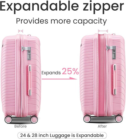 Campfun Luggage 4 Piece Sets, Expandable Carry On Luggage Set Hardshell PP, Suitcase Set with Double Spinner Wheels, Checked Durable Lightweight with TSA Lock, 14in 20in 24in 28in-Pink(B)