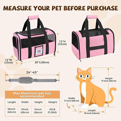 Cat Carrier Soft for Pets Up to 25 Lbs, Cat Travel Bag with Padded Shoulder Strap and Detachable Cat Food Bowl, Pet Dog Carriers for Small Dogs Travel Puppy Carry Airline Approved, Pink