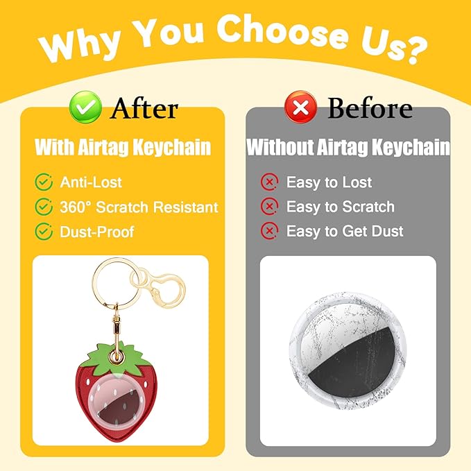 Leather Keychain for Airtag, Cute Protective Keychain Holder Compatible with Apple Air Tag,GPS Item Tracker Case Cover for Keys,Bags,Pets,Luggage(Strawberry)