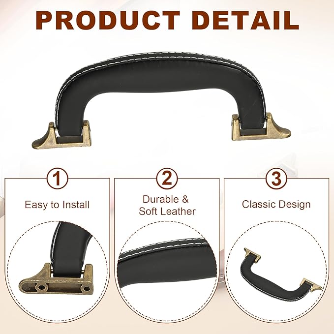 uxcell PU Leather Luggage Handle, 0.9" Hole Distance Vintage U-Shape Replacement Strap Handle for Travel Handbag Guitar Musical Box Gift Boxes, Black/Bronze
