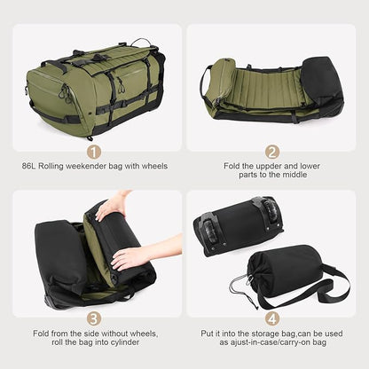 CONTAIL 86L Wheeled Duffel Bag, Soft Shell with Adjustable Web Handles, Carry On Size 29.5x14.2x12.6in, Foldable with Dual Wheels & Shoe Compartment,Army Green