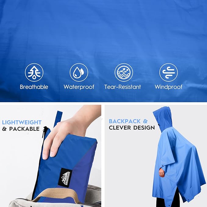 Bruvoalon 3-in-1 Rain Poncho with 1/4 Zip & Chest Pocket, Waterproof, Sunshade, Ground Mat for Adults & Youth Emergency