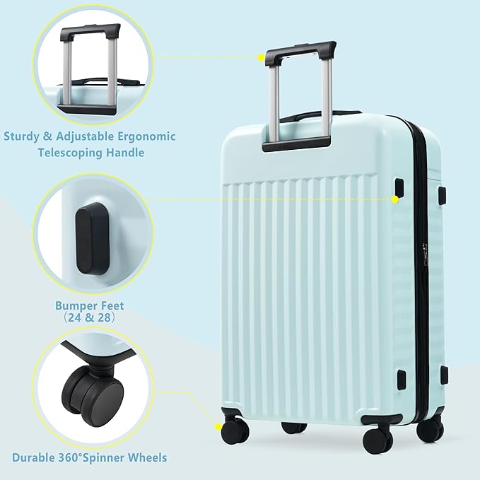 Merax Luggage Sets 3 Piece,Front Open Hardshell Expandable Suitcase with Spinner Wheels and Duffel Bags,Lightweight Carry on Luggage with USB Port,20/24IN,Light Blue