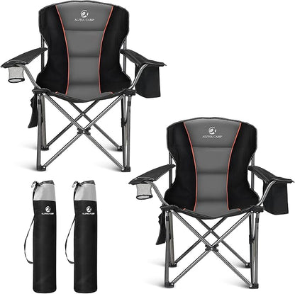 ALPHA CAMP Oversized Folding Camping Chair, Heavy Duty Portable Lawn Chairs with Cooler Bag, Side Pocket & Cup Holder, Folding Chairs for Outside Support 450 LBS