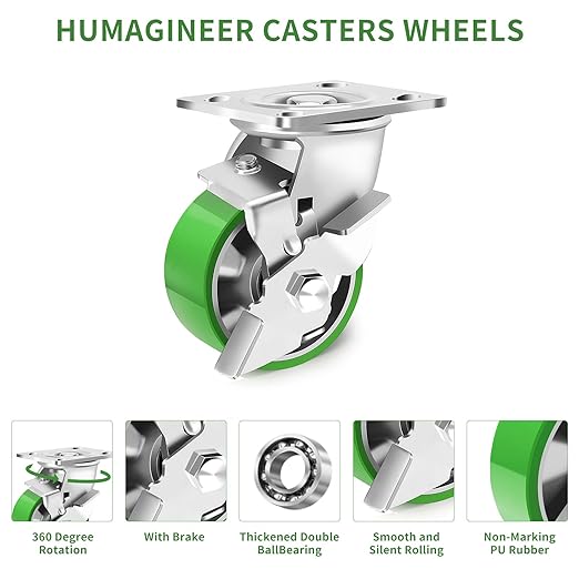 4 Inch Heavy Duty Industrial Grade Caster Set of 4, Industrial Swivel Casters with Brake, Maintenance-Free Aluminum Core PU Wheels 3600 LBS, Durable Casters Wheels for Industrial, Equipment