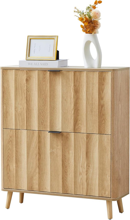 31.5” Fluted Shoe Cabinet Storage with 2 Flip Drawers,Narrow Freestanding Shoe Storage Organizer,Slim Shoe Rack Cabinet for Entryway,Hallway (Natural)