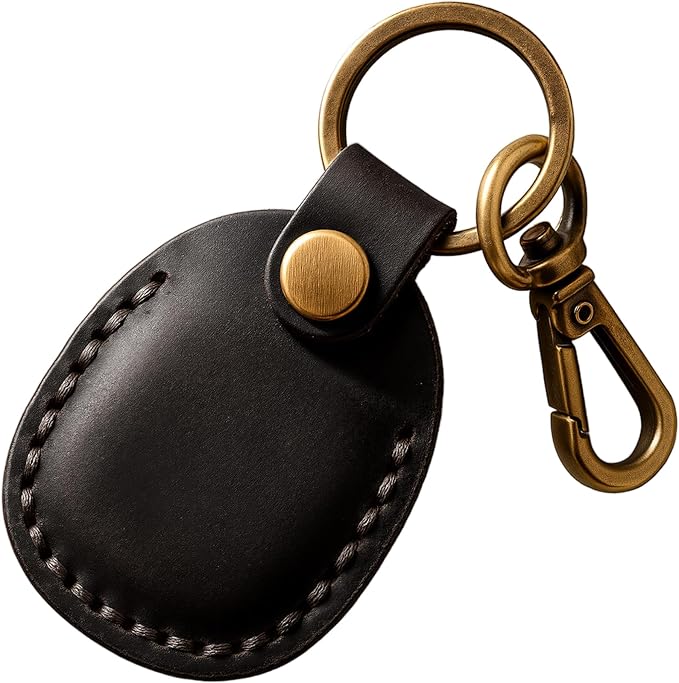 Genuine Leather Airtag Holder, Portable Air tag Keychain with Key Rings, Full Coverage Hidden Case Cover Compatible for Apple Airtag - Black