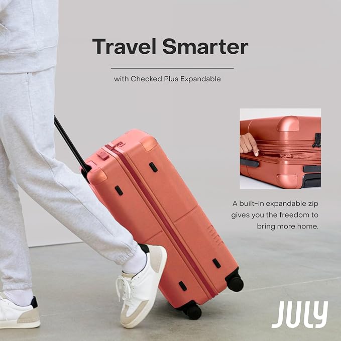 Checked Plus Expandable - 28.75" Airline Approved Check In Luggage with Wheels, Rolling Suitcase for Men & Women - TSA Lock, Silent Spinner Wheels, Expansion Zip, Y-Strap - Clay
