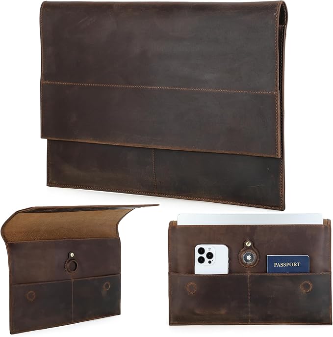 Top Grain Leather 14.2" Slim Laptop Sleeve Bag, Magnet Clasp Closure Design & 3 Pockets & AirTag Holder, Fully Handmade, Fits MacBook Pro/Air 14.2"/13.3"/Cellphone/Passport, Coffee 14.2 Inch