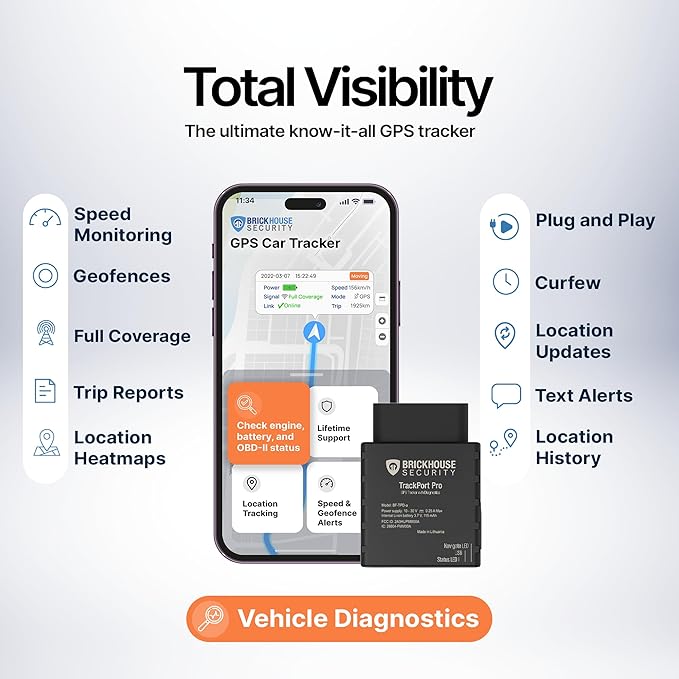 Brickhouse Security TrackPort Pro - Diagnostic GPS Tracker for Vehicles, Car Location, Speed, Battery Health, Mileage, Vehicle Diagnostic Data Report - Plugs into OBD Port - Subscription Required
