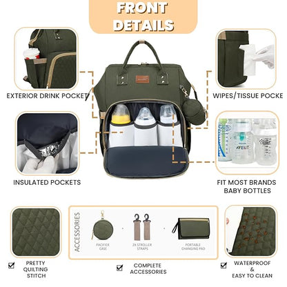 Diaper Bag Backpack with Changing Pad, Pacifier Case, Baby Bag for Boy Girl Toddler - Large, Stylish, Waterproof Travel Quilted Diaper Bag for Mom - Baby Shower - Army Green
