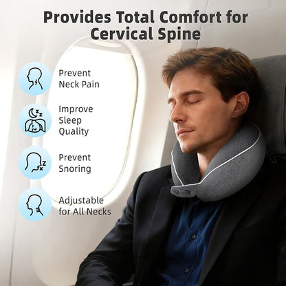 Memory Foam Travel Neck Pillow - with Portable Storage Case, 360° Ergonomic Support for Airplanes & Office, Compact & Portable (Grey)